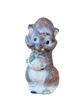 Cement Squirrel Holding Apple Vintage Sculpture Anthropomorphic Cottagecore